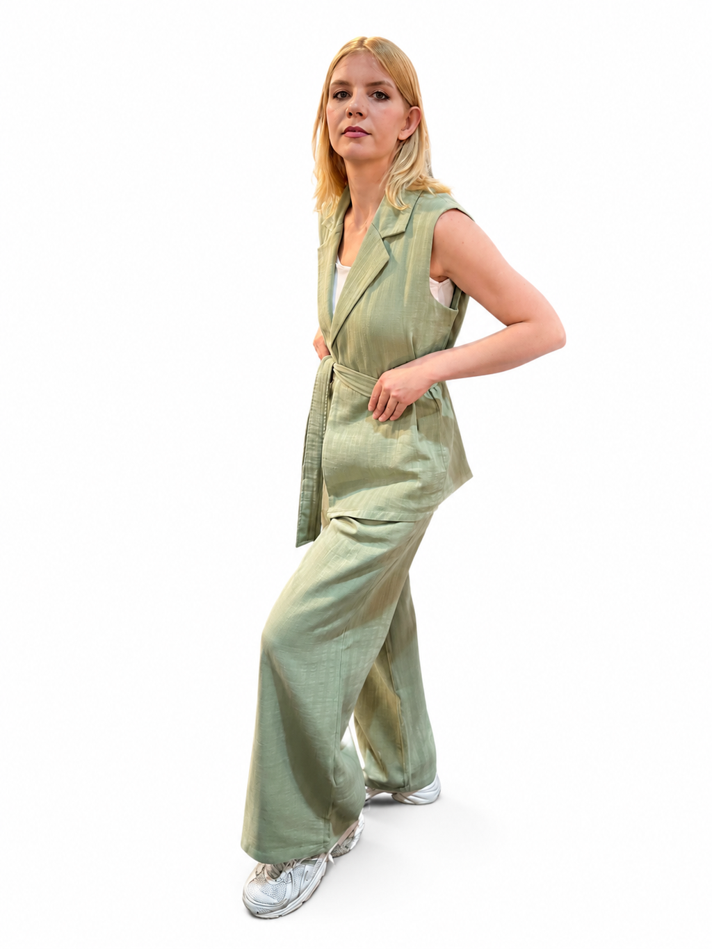Sage Green Linen Vest Set