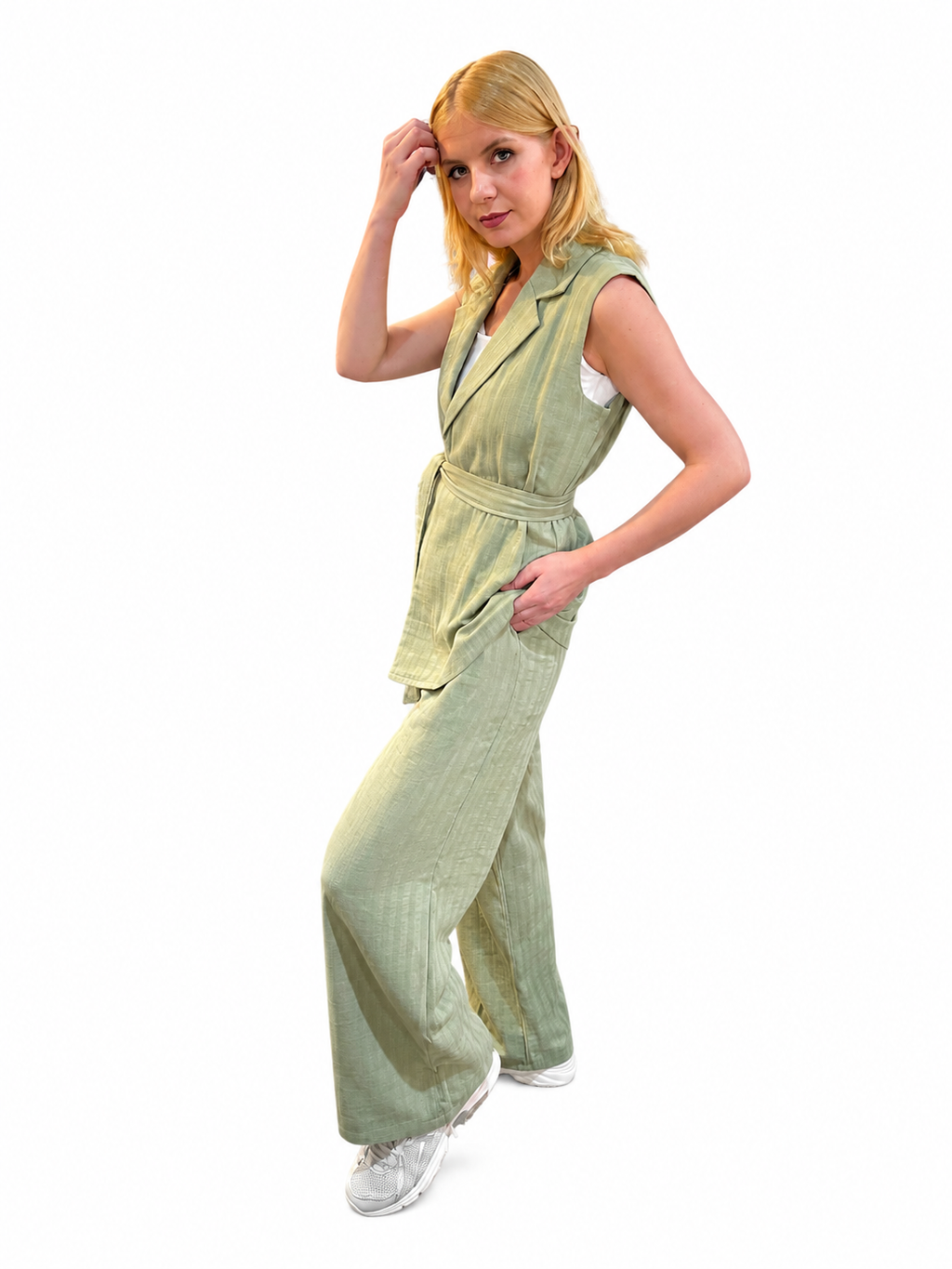 Sage Green Linen Vest Set