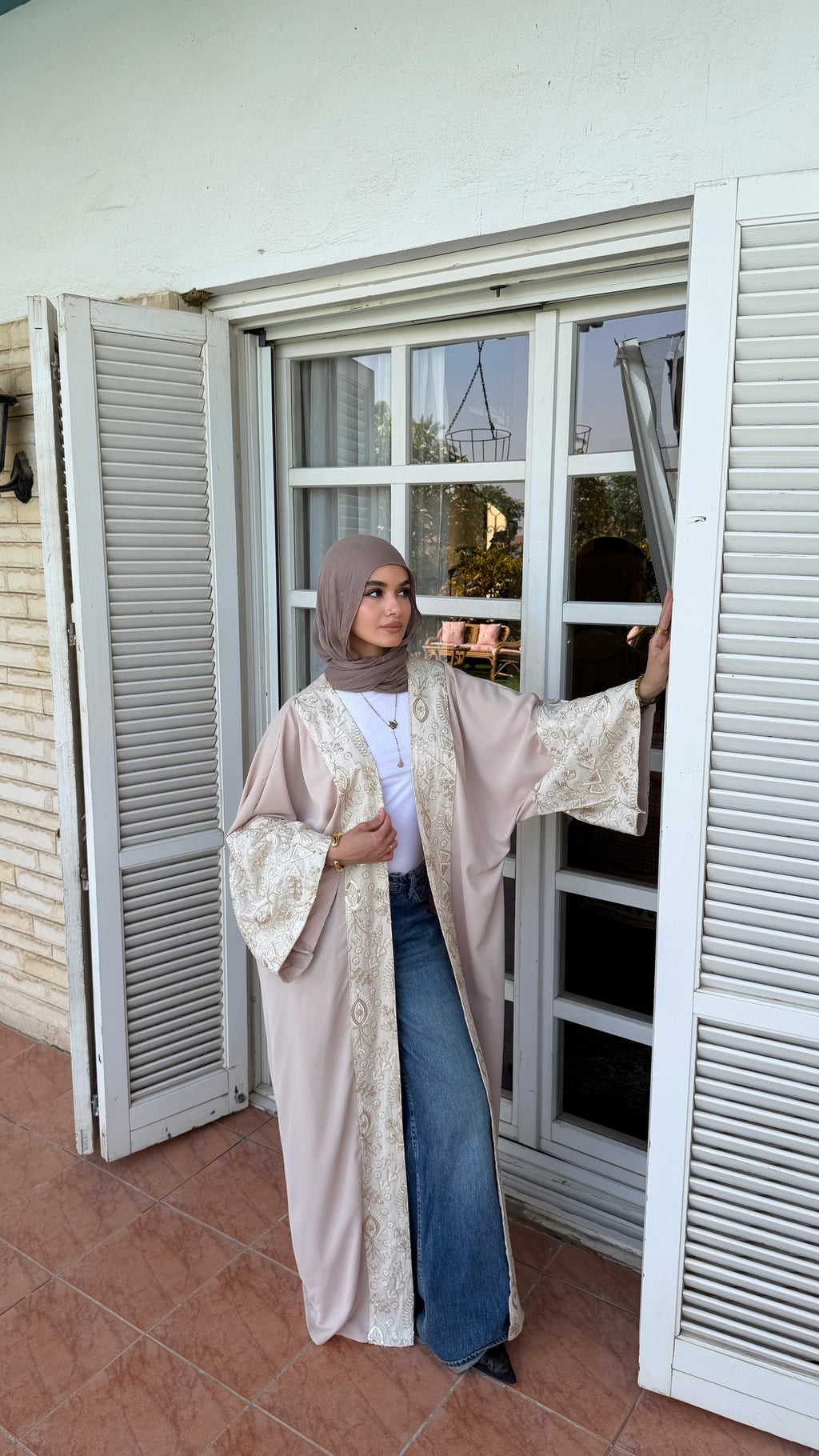 Beige Embroidered Kimono Cardigan