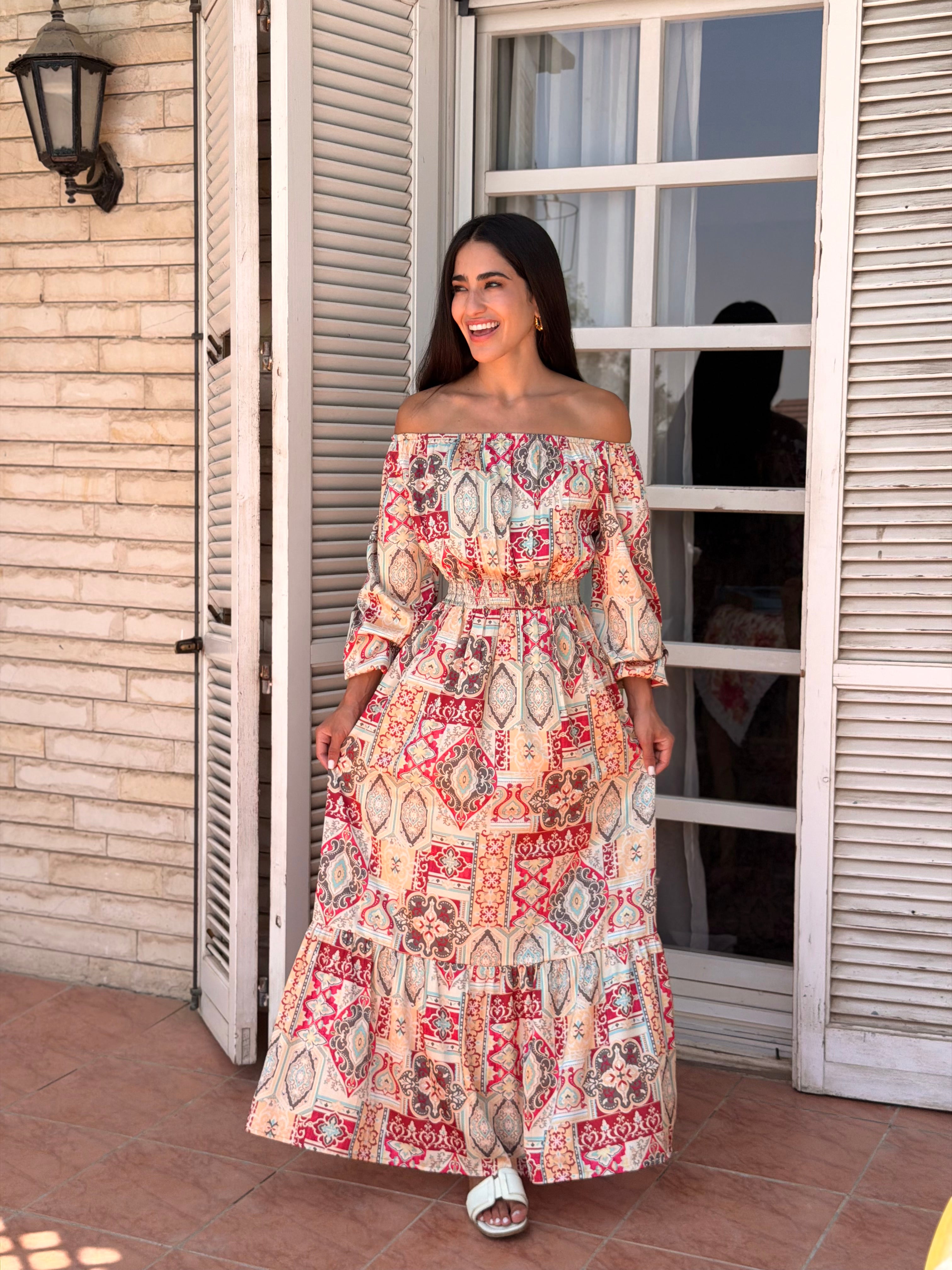 Off-Shoulder red Maxi Dress