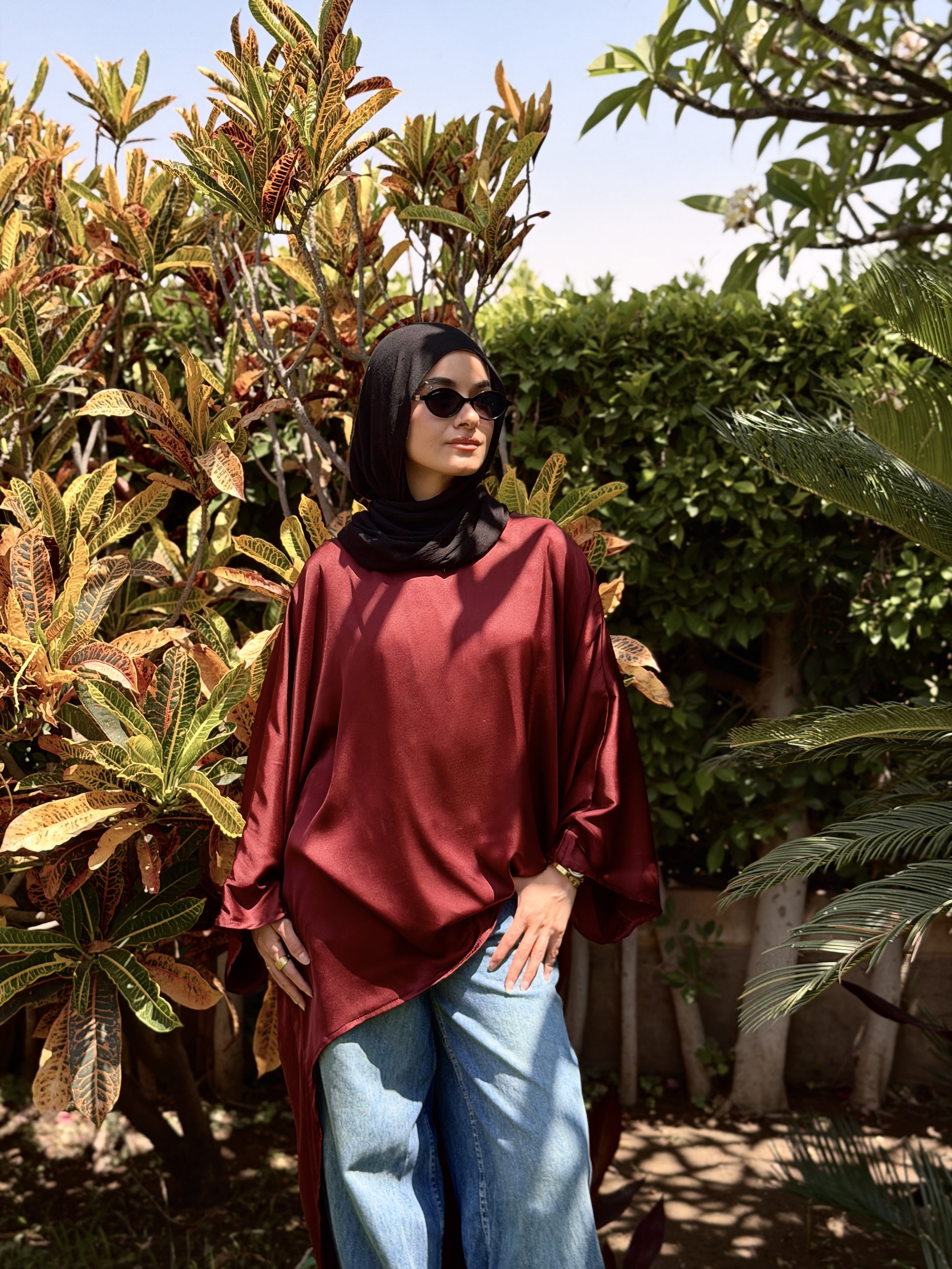Burgundy Flow Satin Kaftan Top
