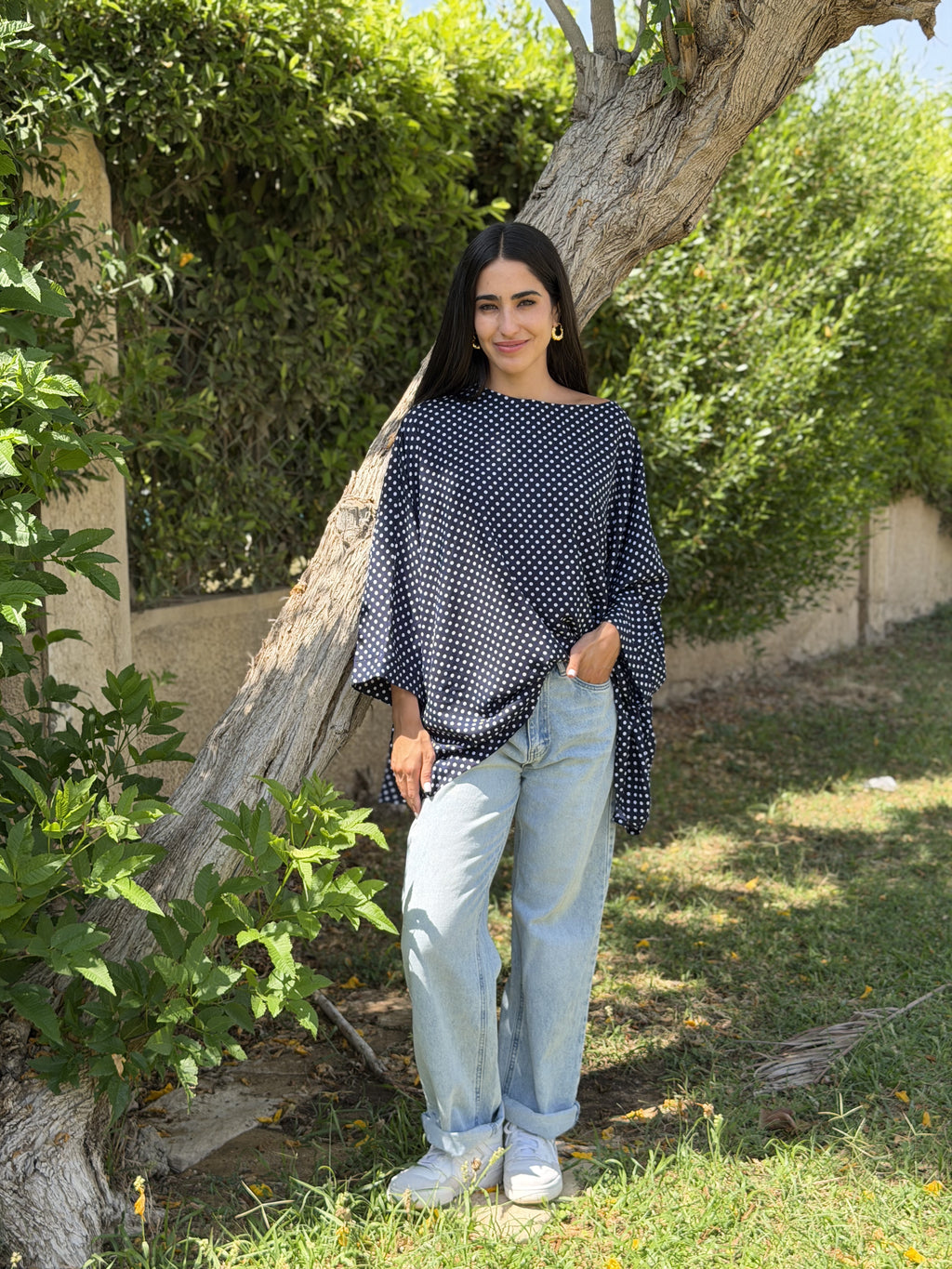 Dark Blue Polka Dot Kaftan Top