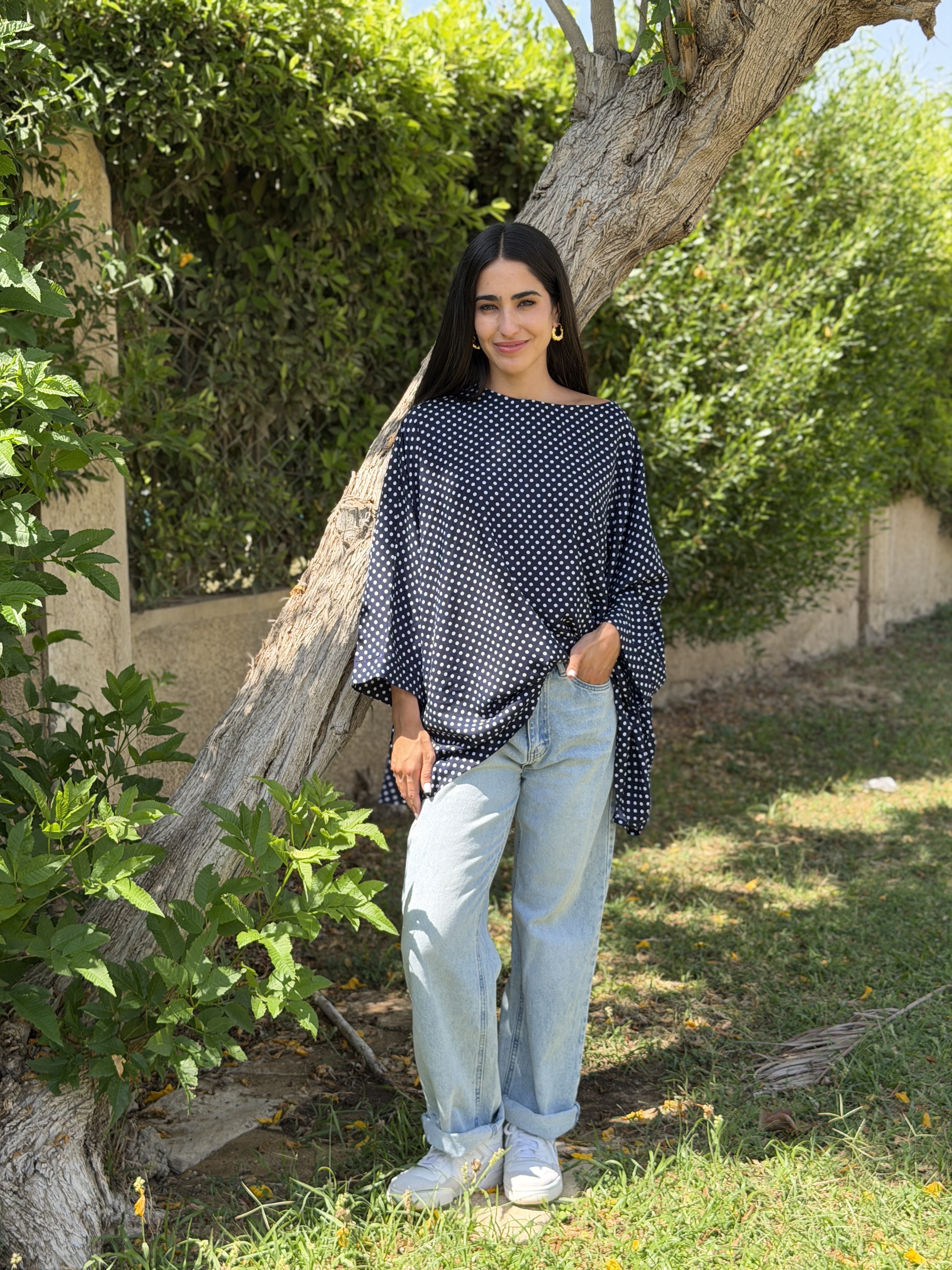 Dark Blue Polka Dot Kaftan Top