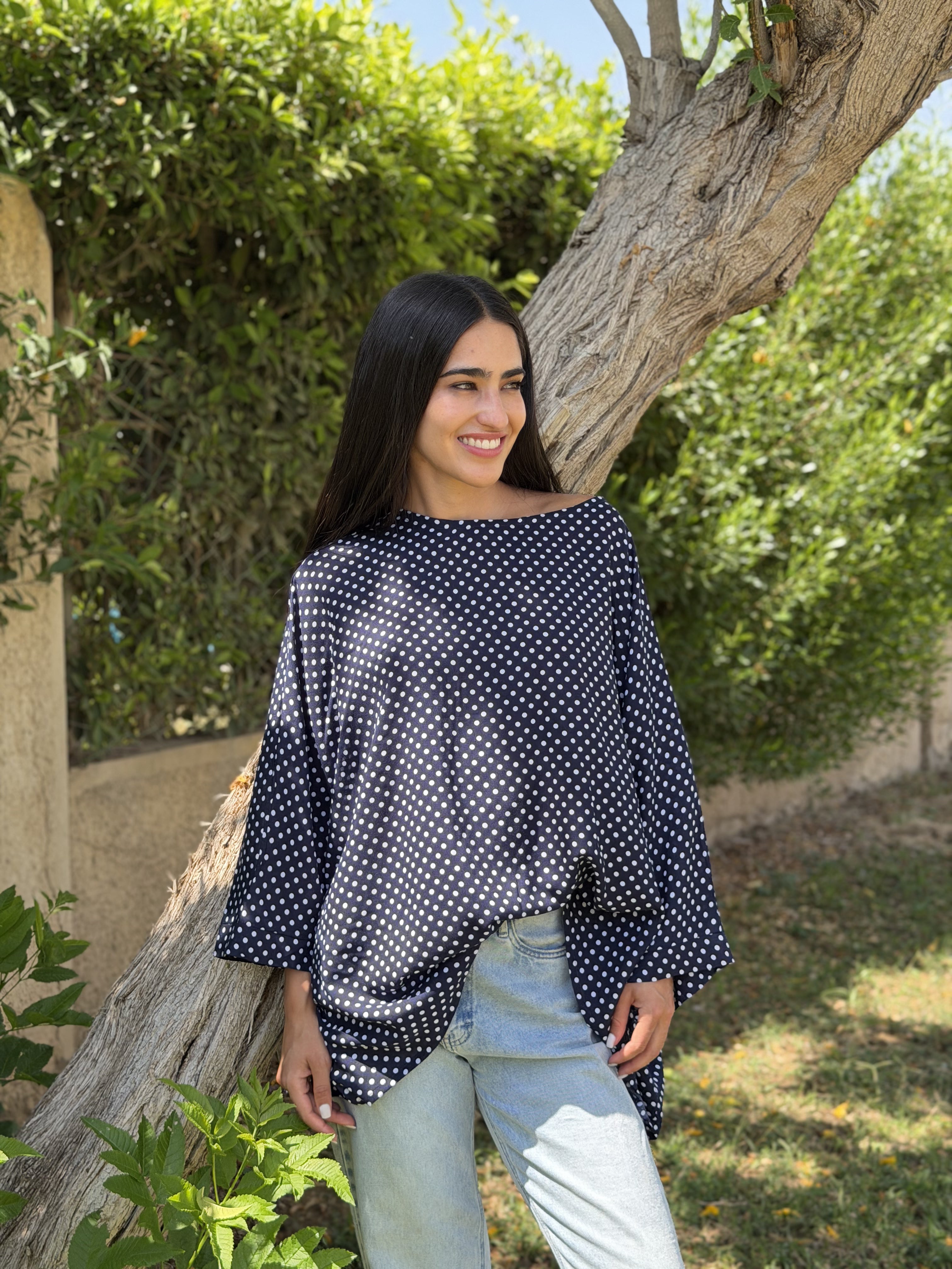 Dark Blue Polka Dot Kaftan Top