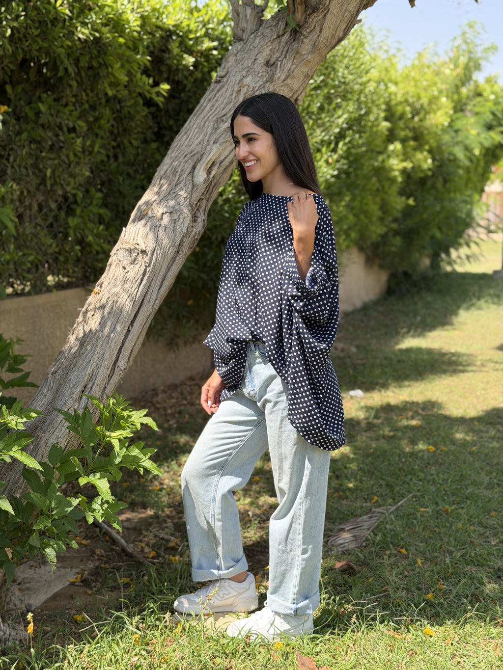 Dark Blue Polka Dot Kaftan Top