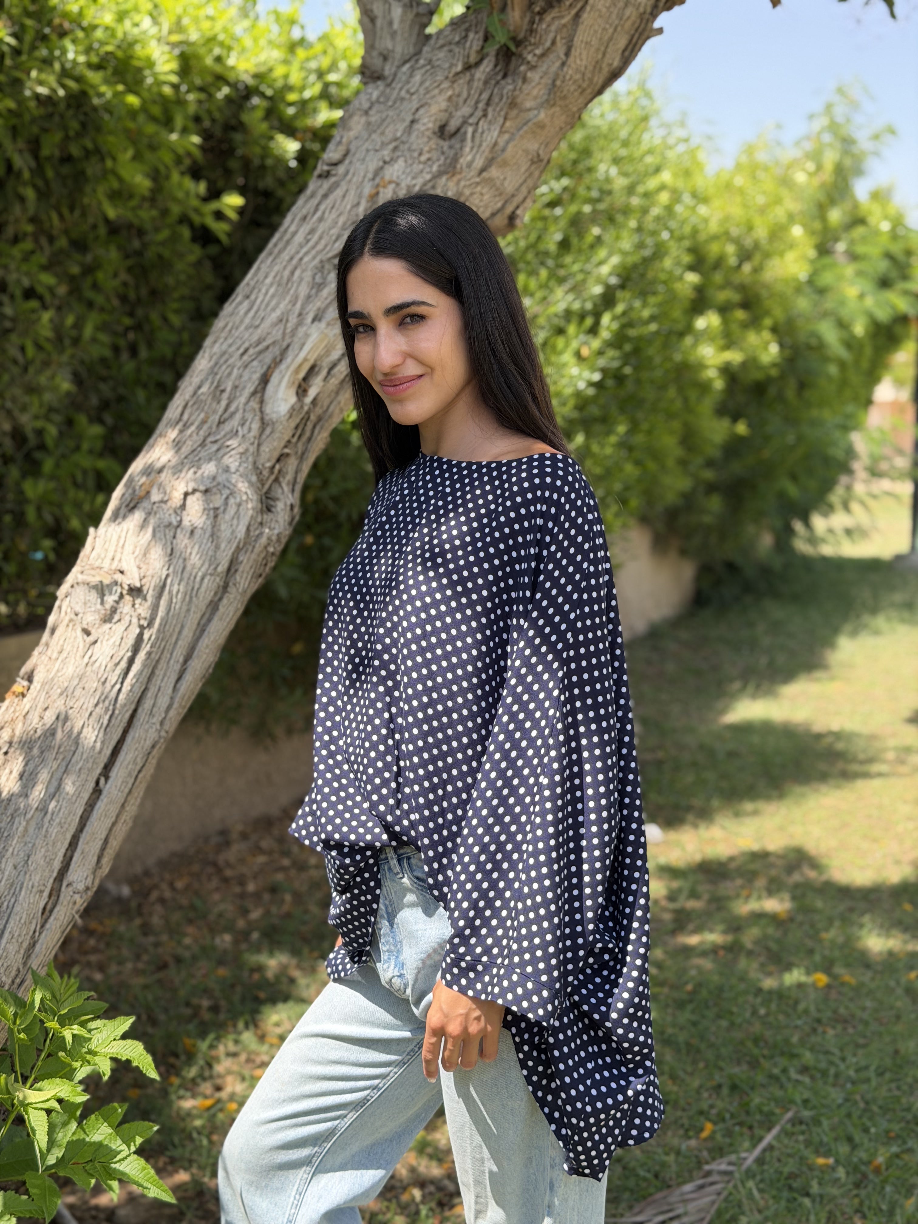 Dark Blue Polka Dot Kaftan Top