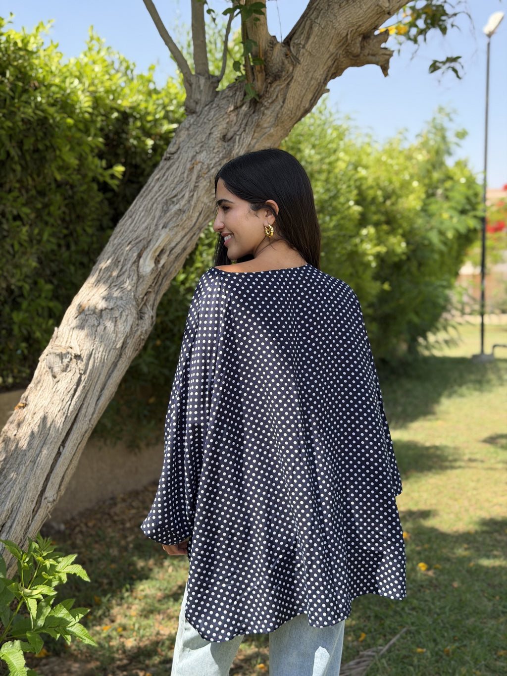 Dark Blue Polka Dot Kaftan Top
