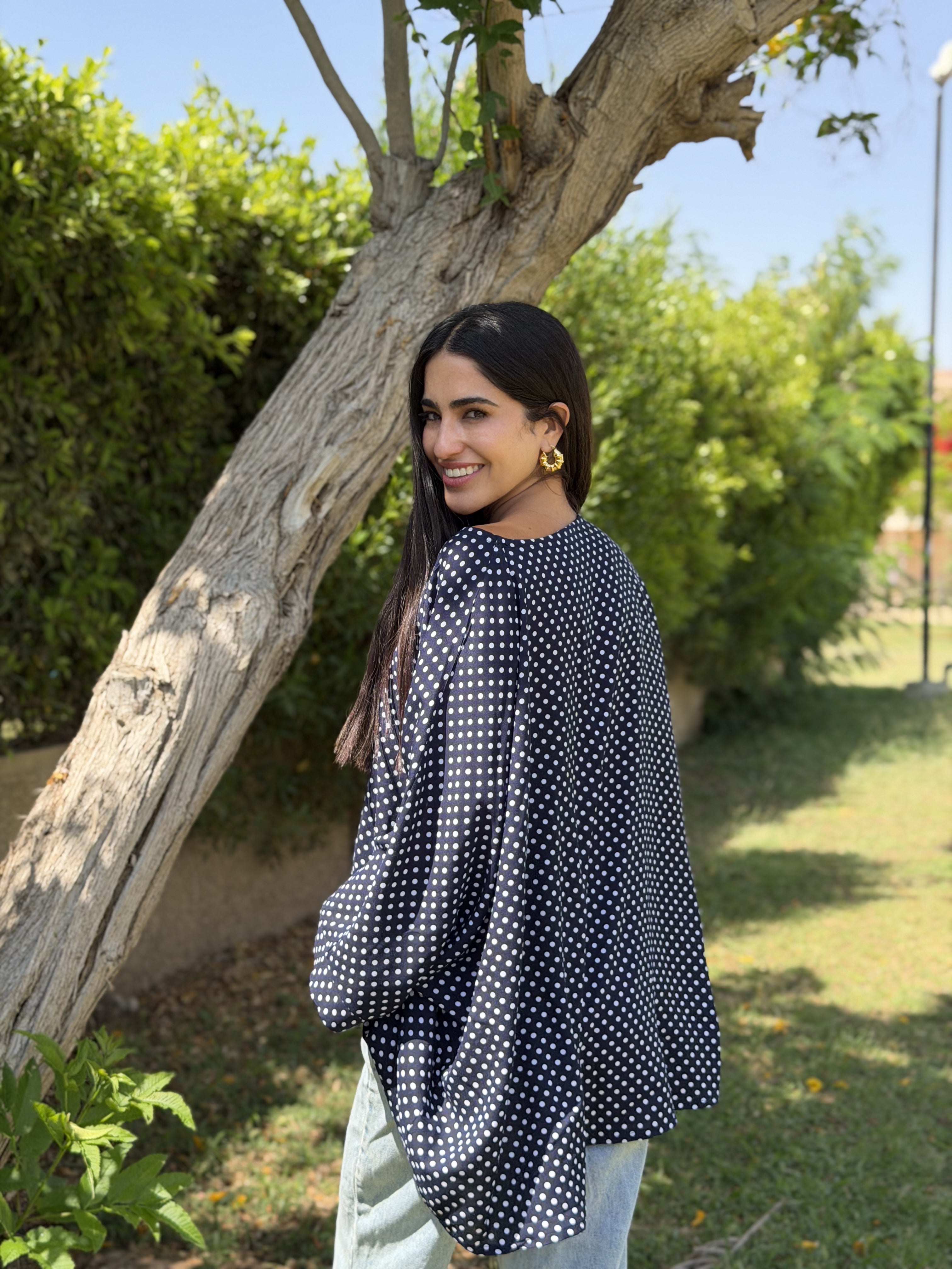 Dark Blue Polka Dot Kaftan Top