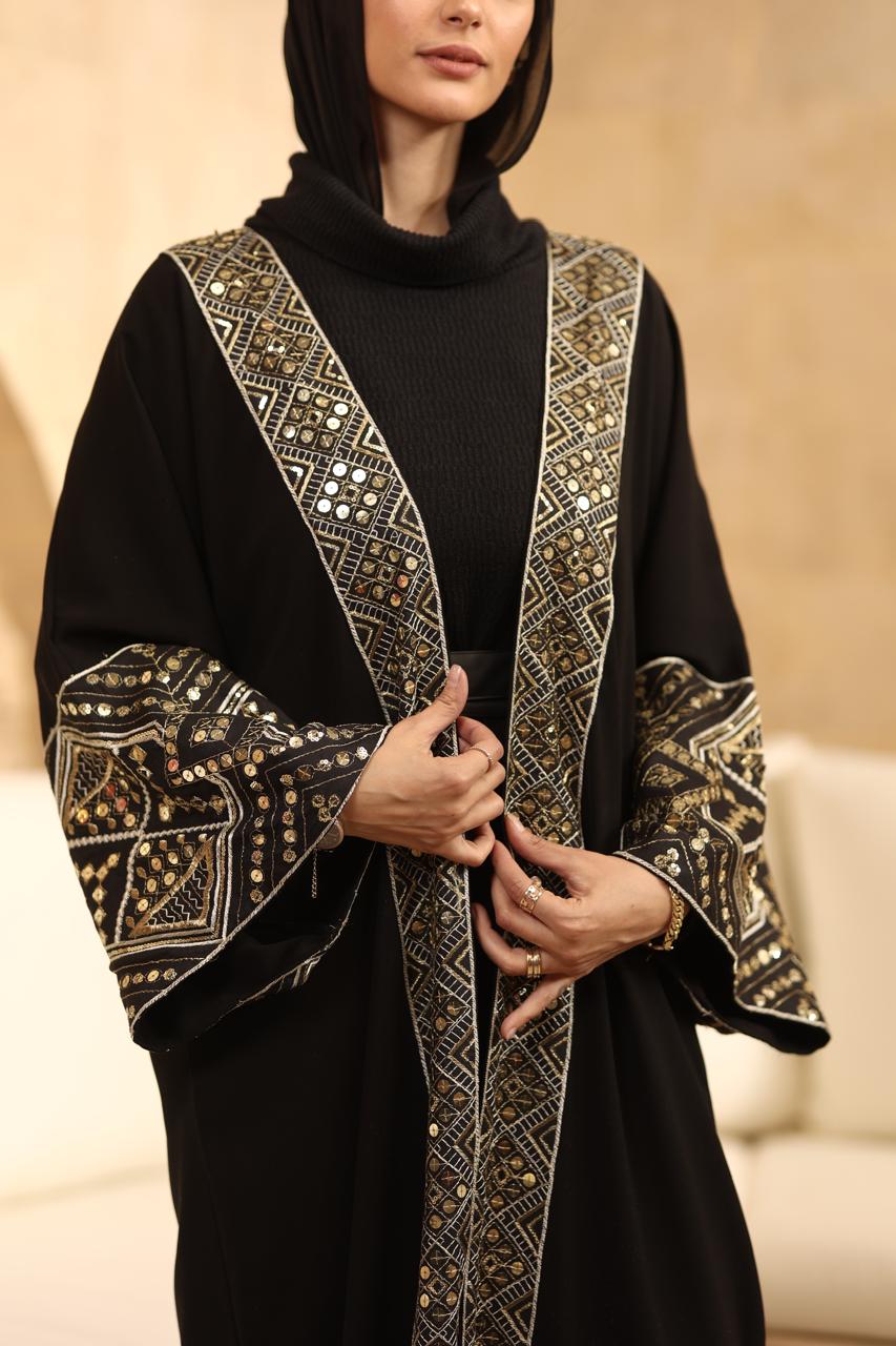 Premium velvet kaftan with Indian embroidery, linen sleeves