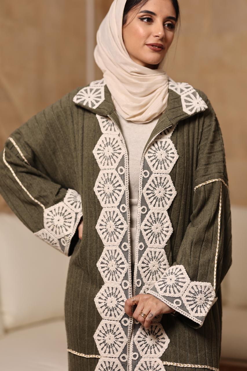 Olive premium soft wool fabric with beige crochet