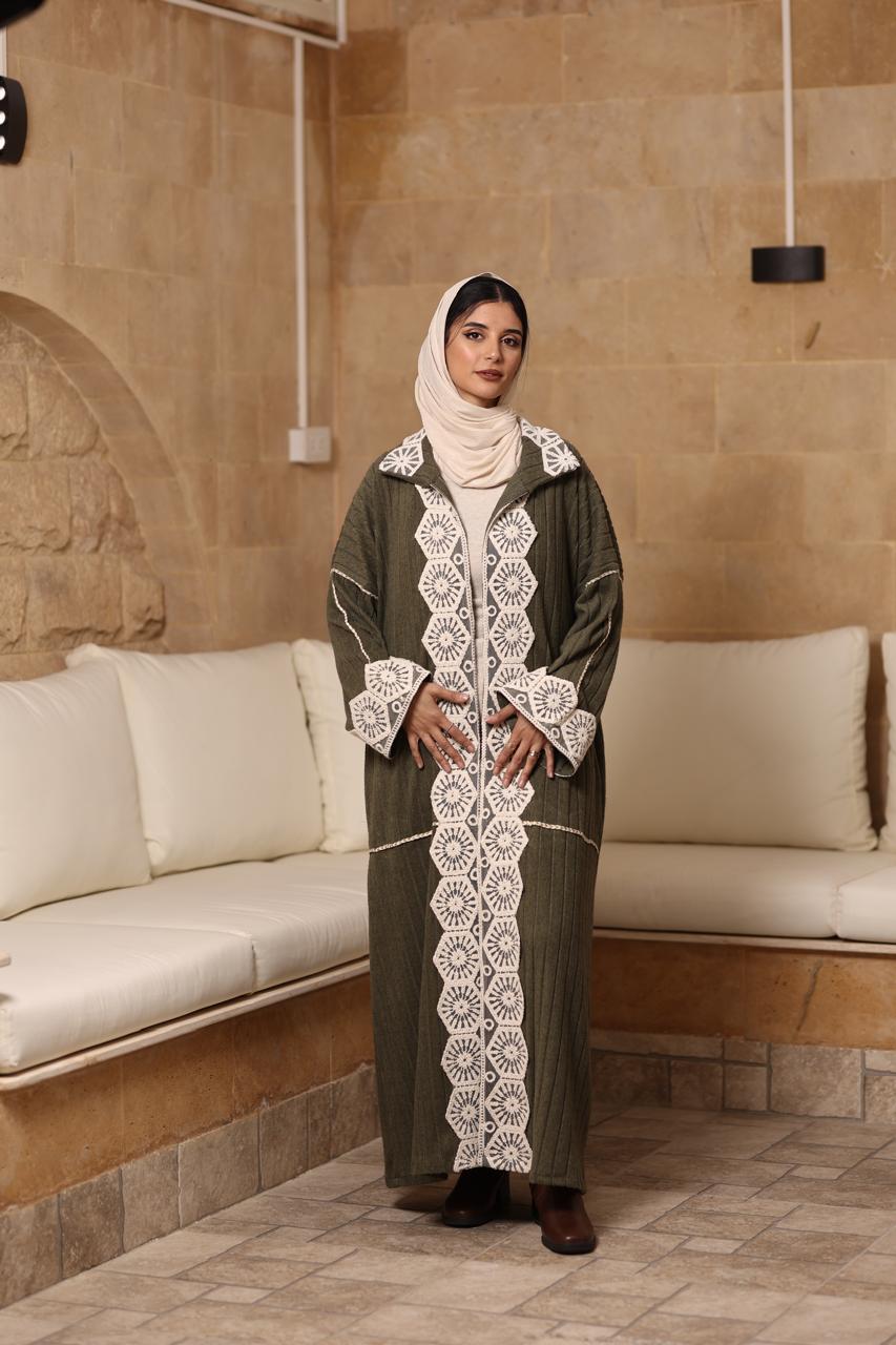 Olive premium soft wool fabric with beige crochet