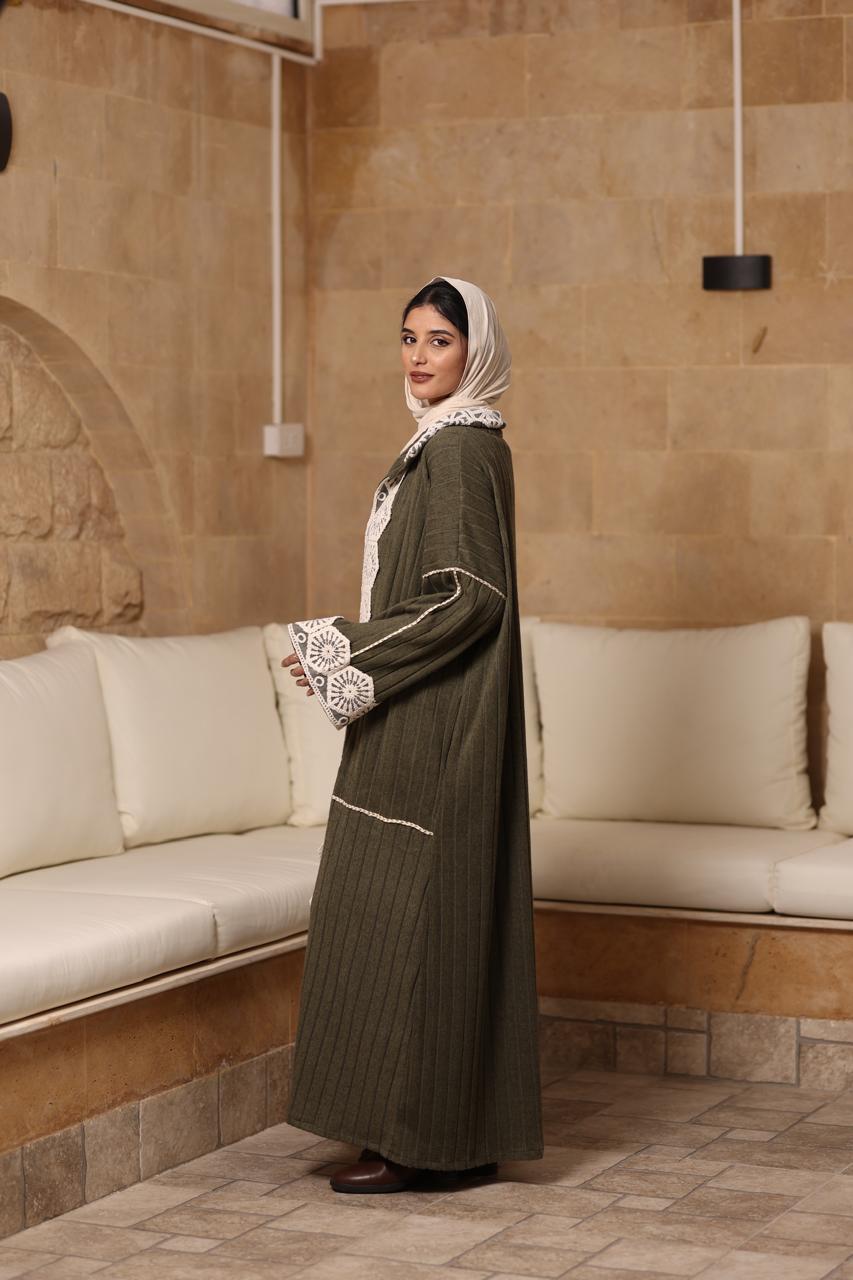 Olive premium soft wool fabric with beige crochet