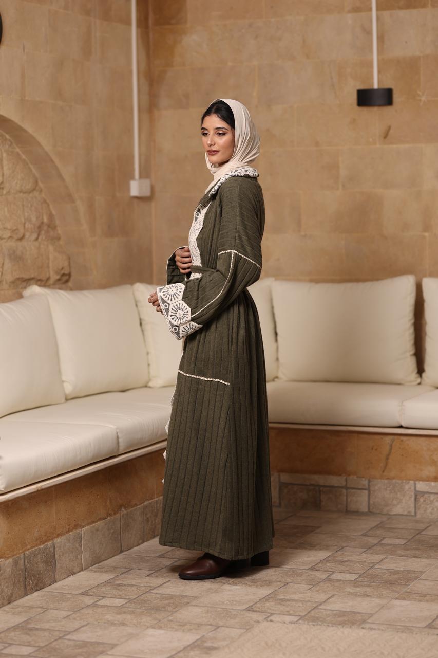 Olive premium soft wool fabric with beige crochet