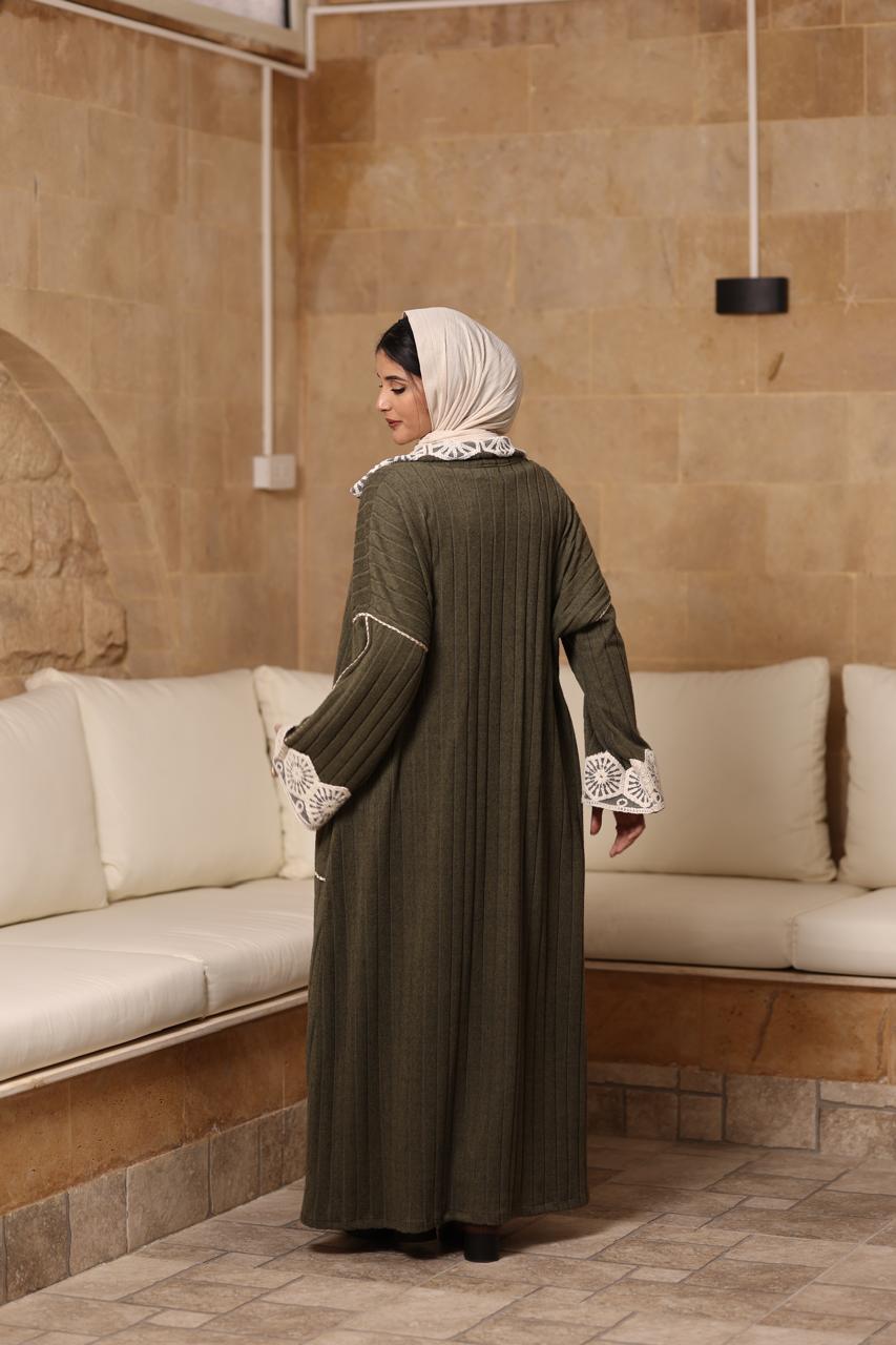 Olive premium soft wool fabric with beige crochet