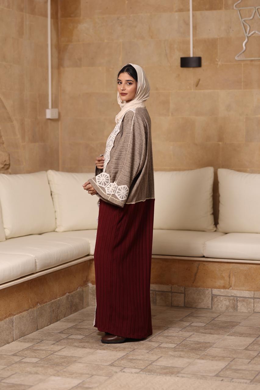 Mocha burgundy soft wool with crochet kaftan