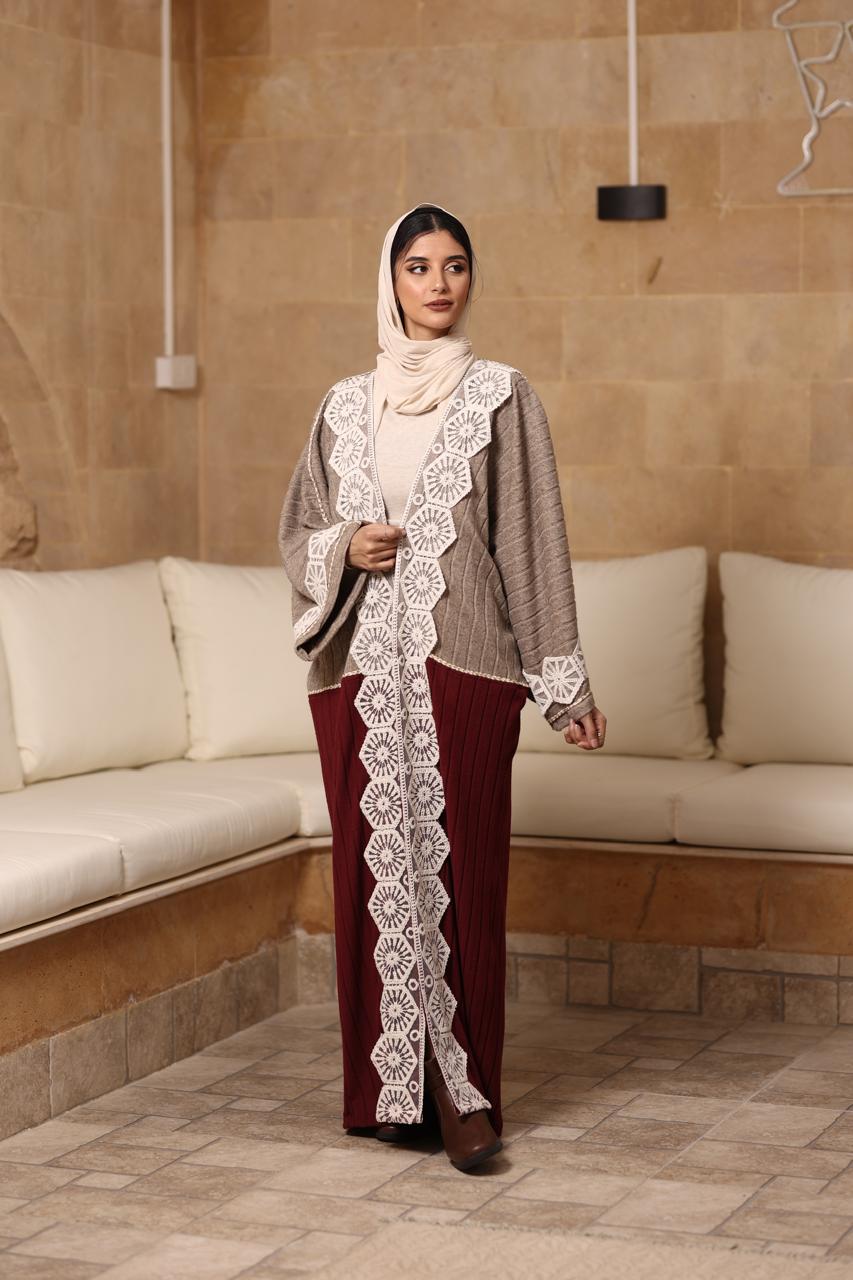 Mocha burgundy soft wool with crochet kaftan