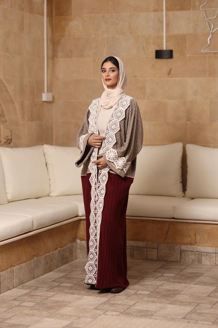 Mocha burgundy soft wool with crochet kaftan