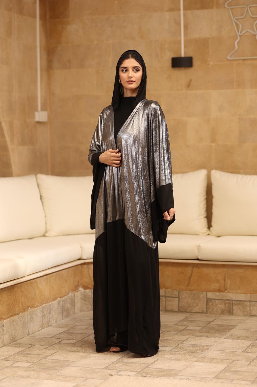 Silver disco Abaya half black chiffon and sleeves