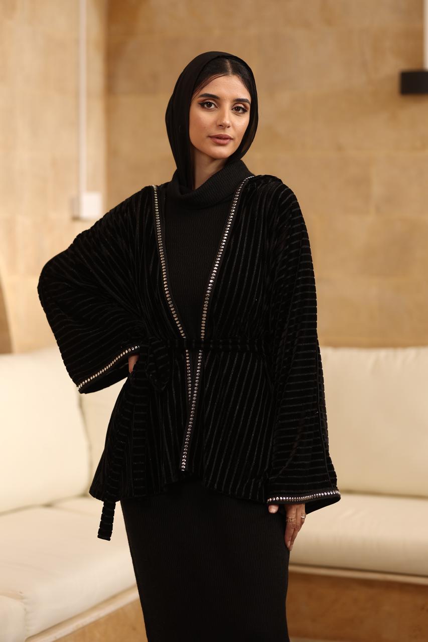 Silver luxe mini kaftan Premium soft black shiny velvet with silver galon