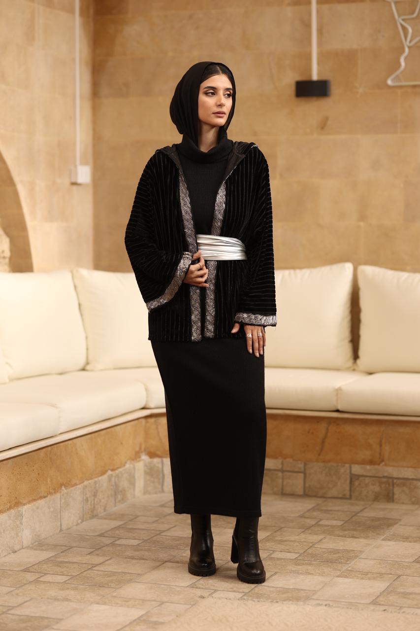 Silver luxe mini kaftan Premium soft black shiny velvet with silver galon