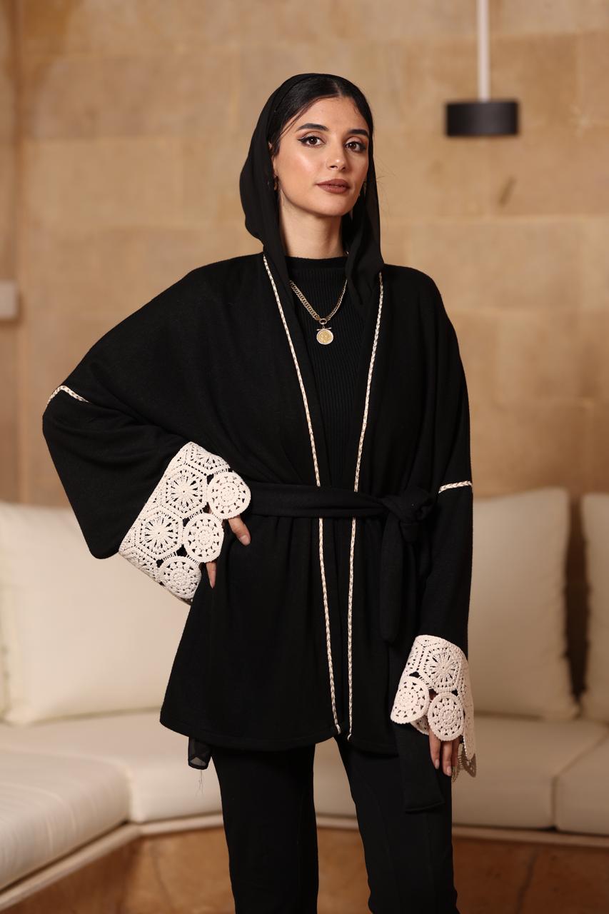 Premium black soft knitted Jacket with beige crochet on sleeves