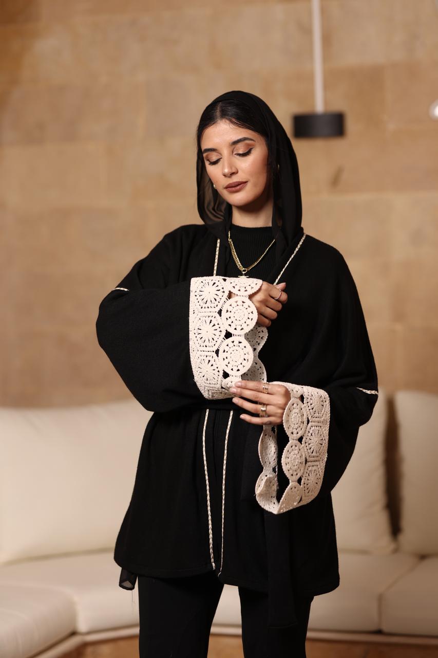 Premium black soft knitted Jacket with beige crochet on sleeves
