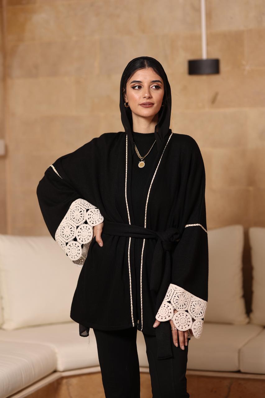 Premium black soft knitted Jacket with beige crochet on sleeves