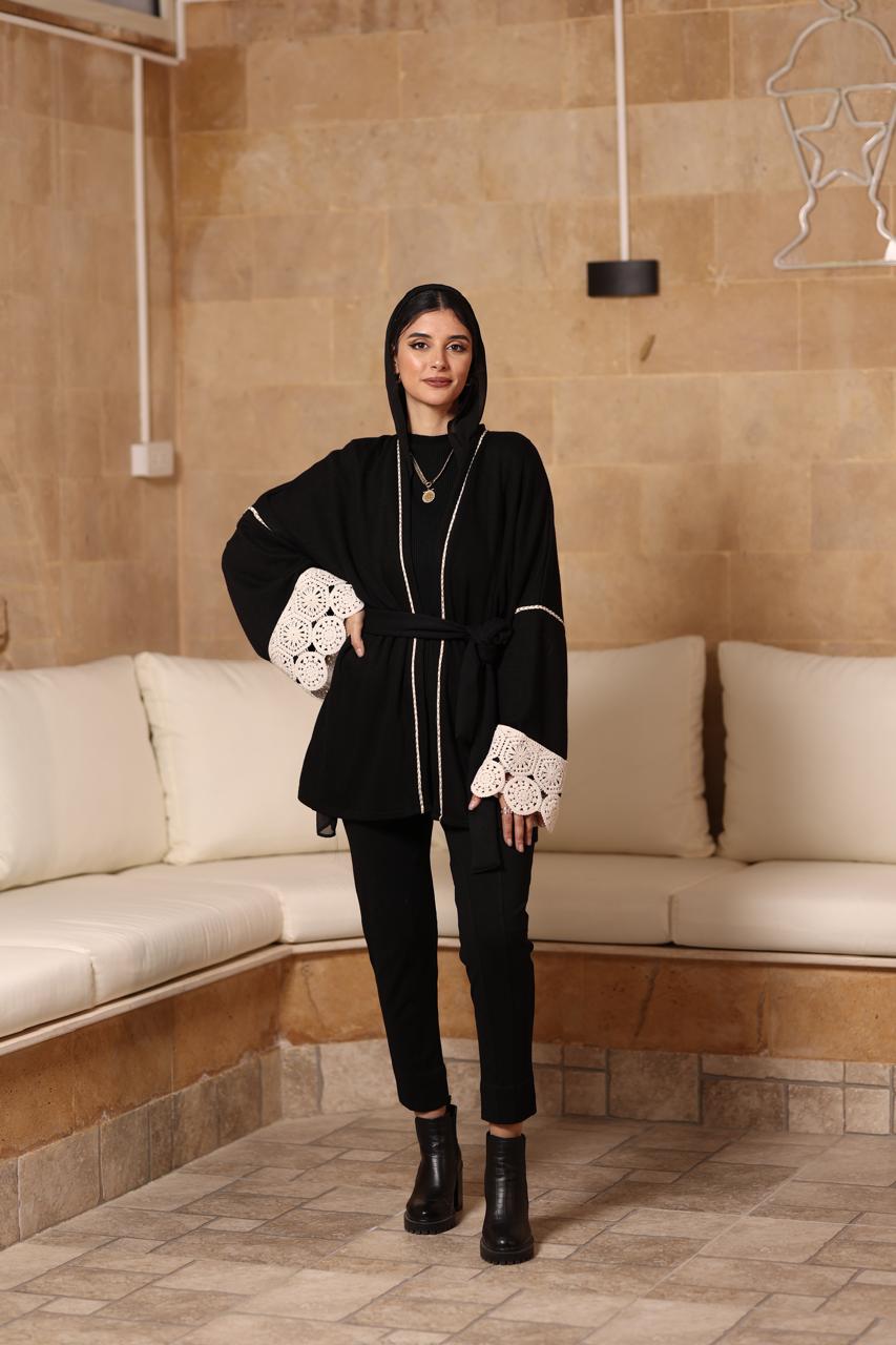Premium black soft knitted Jacket with beige crochet on sleeves