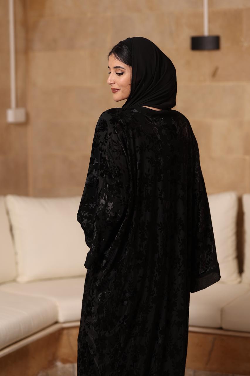 Premium black velvet and silk Abaya with scarf