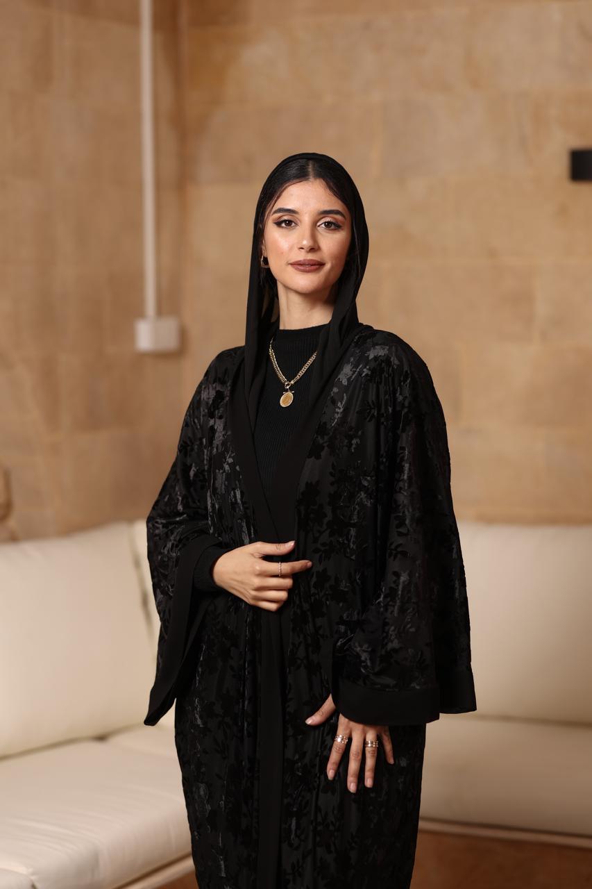 Premium black velvet and silk Abaya with scarf
