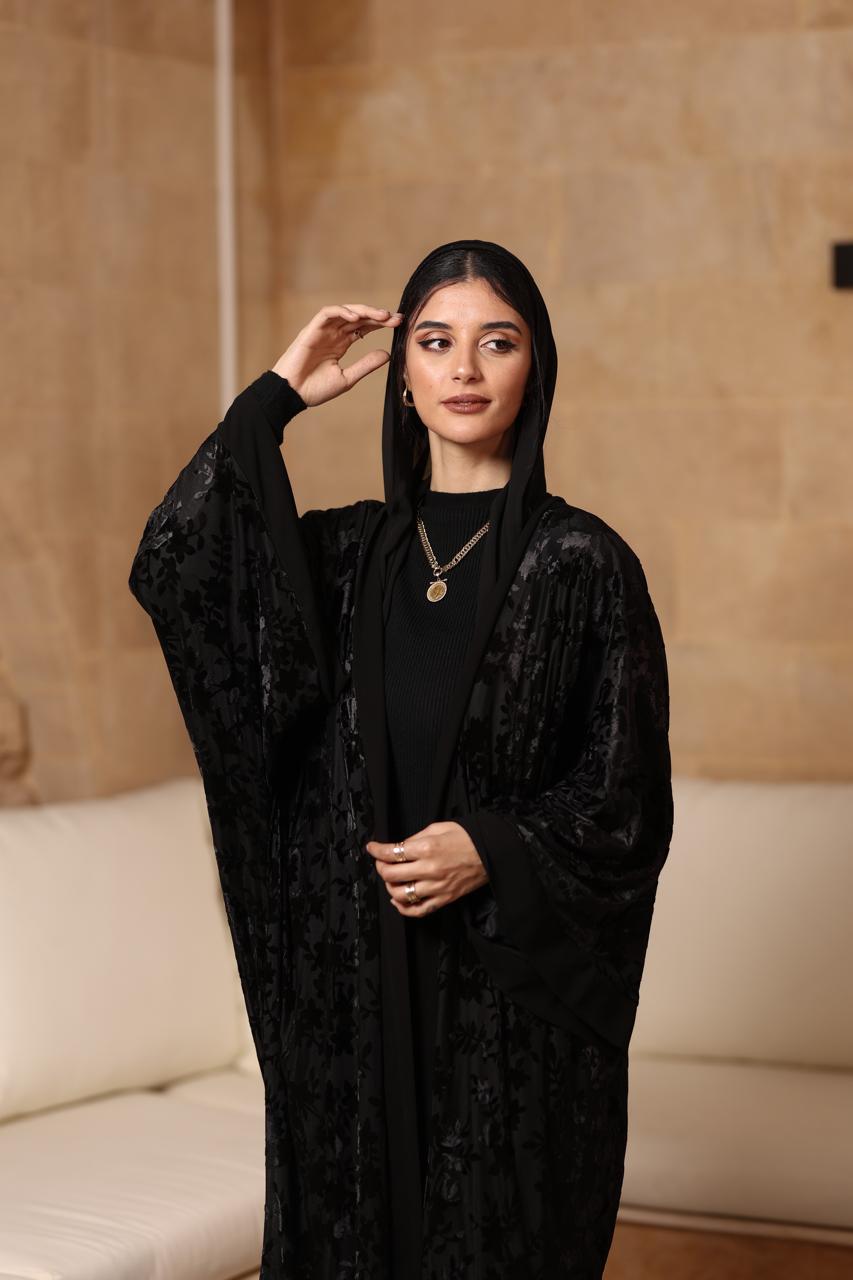 Premium black velvet and silk Abaya with scarf
