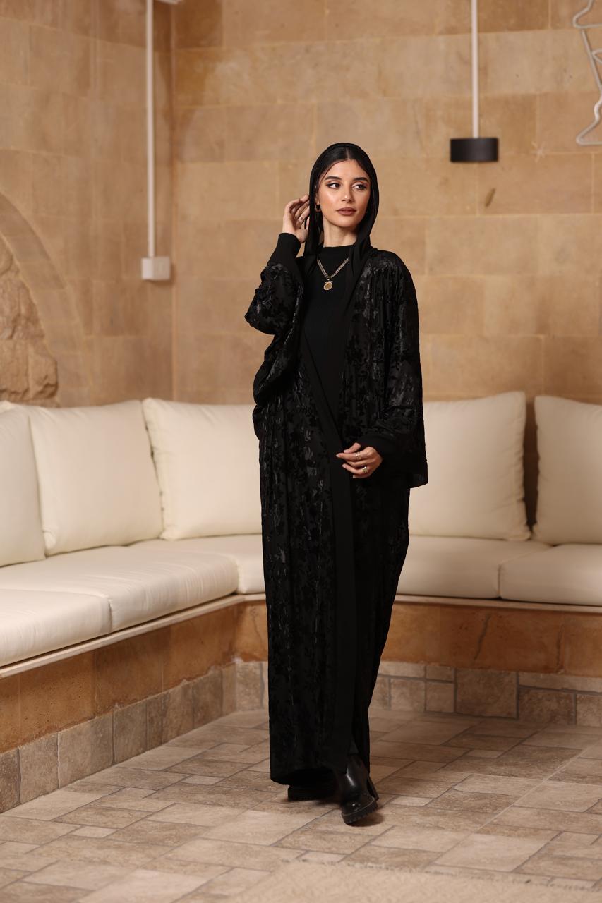 Premium black velvet and silk Abaya with scarf