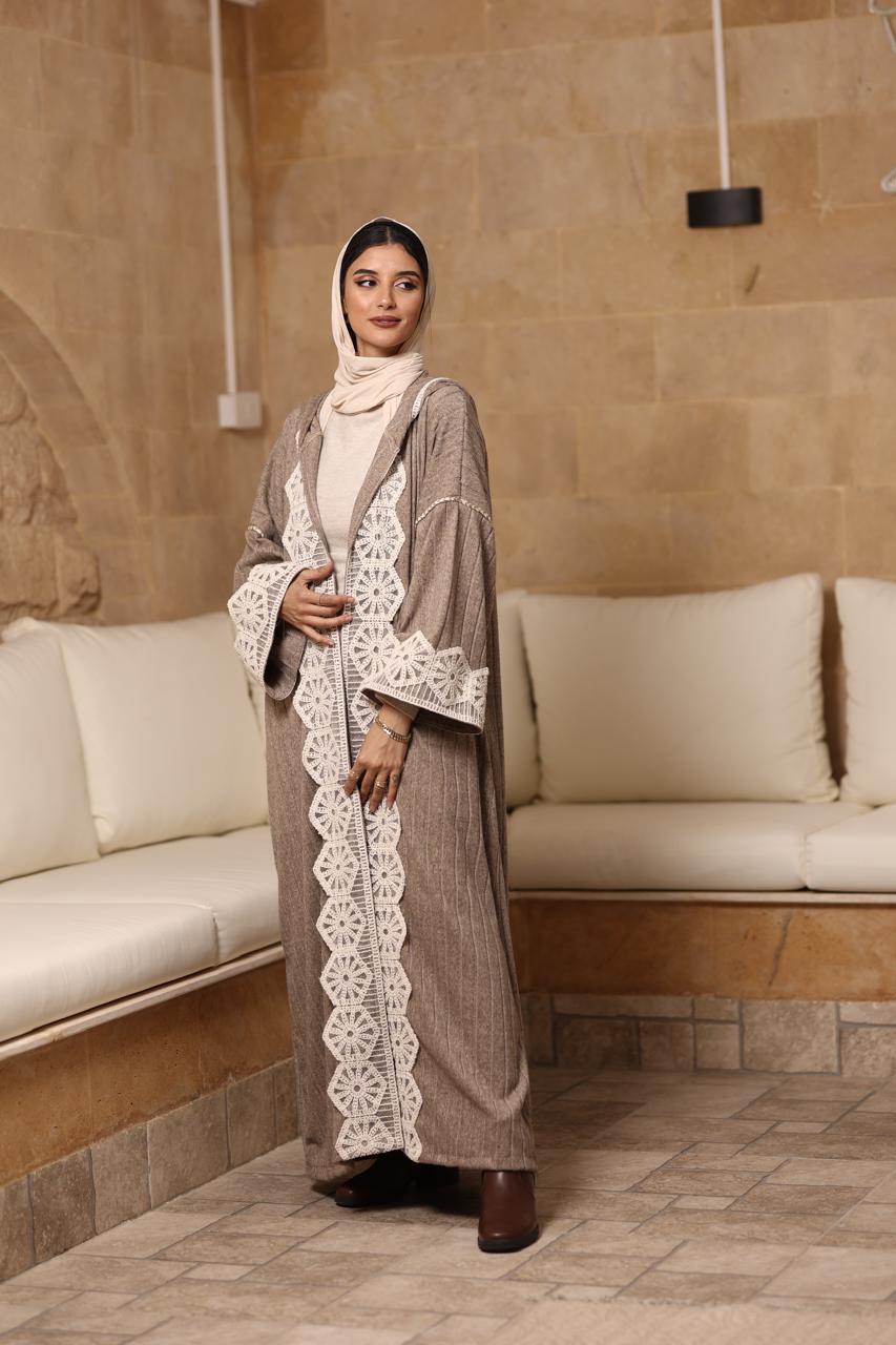 Moccha premium soft wool kaftan with beige crochet Fabric