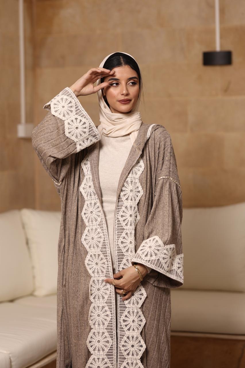 Moccha premium soft wool kaftan with beige crochet Fabric