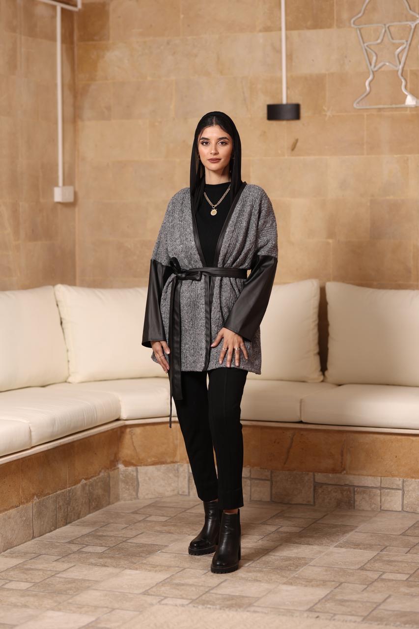 Wool and leather knitted Jacket with thin leather belt