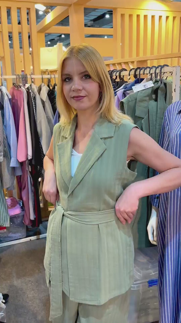 Sage Green Linen Vest Set
